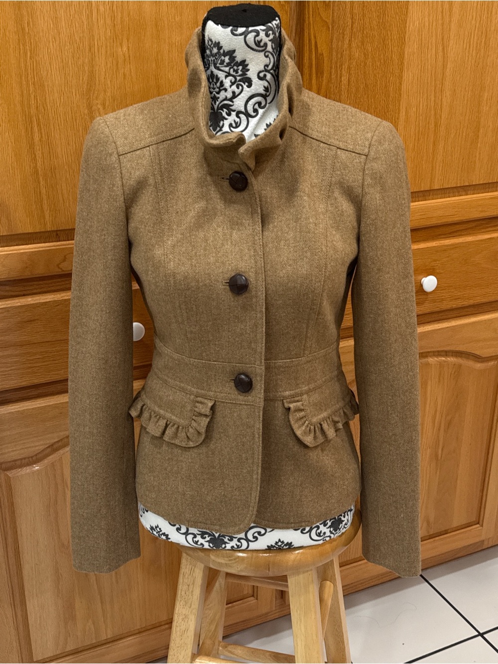 J.Crew Size 2 Brown Wool Blend Ruffle Collar Riding Jacket Blazer Cottagecore - Picture 3 of 13